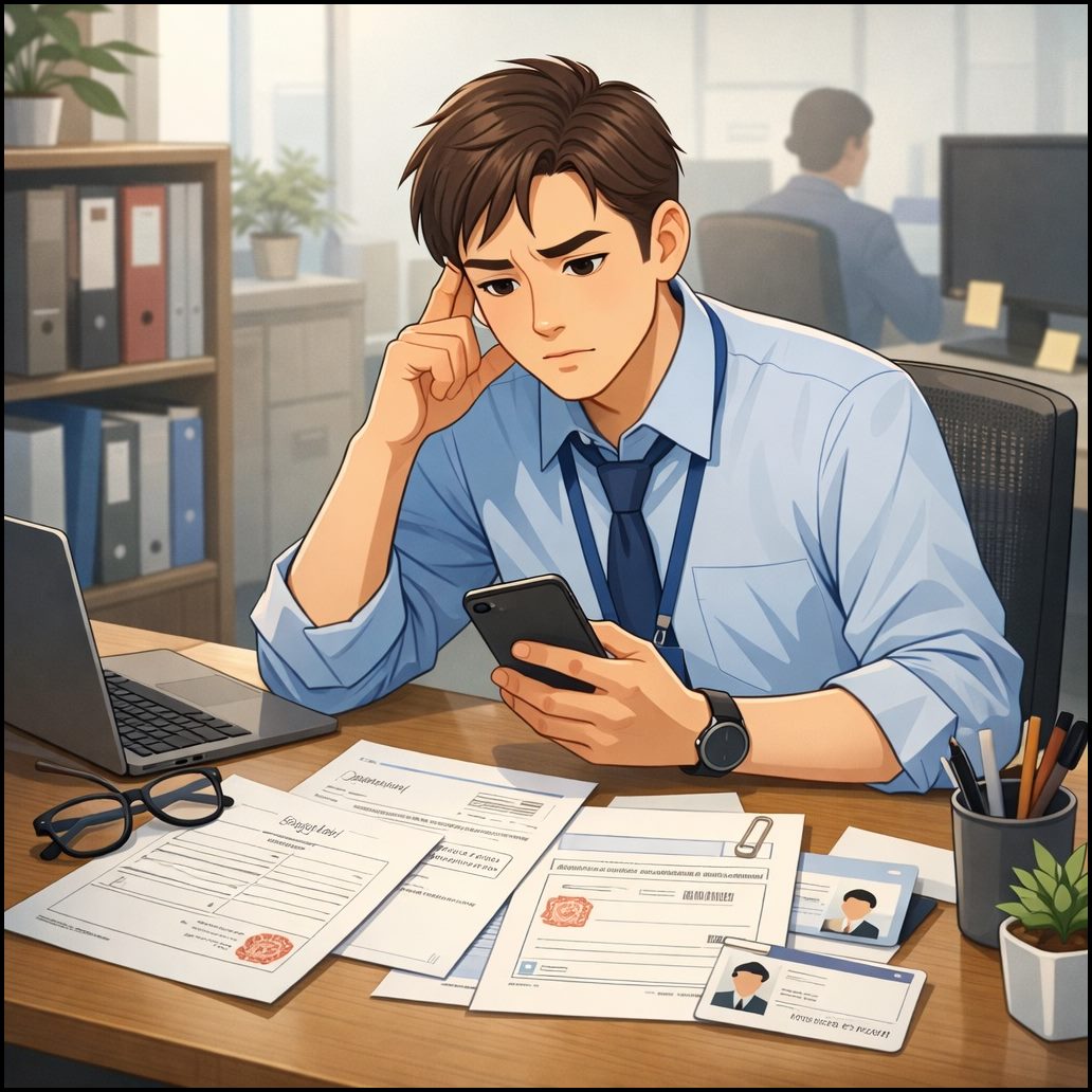 법인 핸드폰 개통 필요서류 고민 중인 직원의 모습